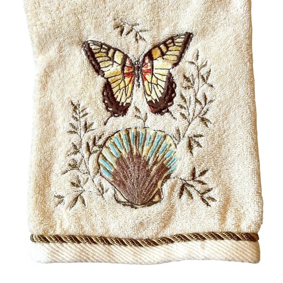 Vtg Butterfly Seashell Embroidered Towel Bath Fingertip Set Rope Trim - Picture 3 of 16